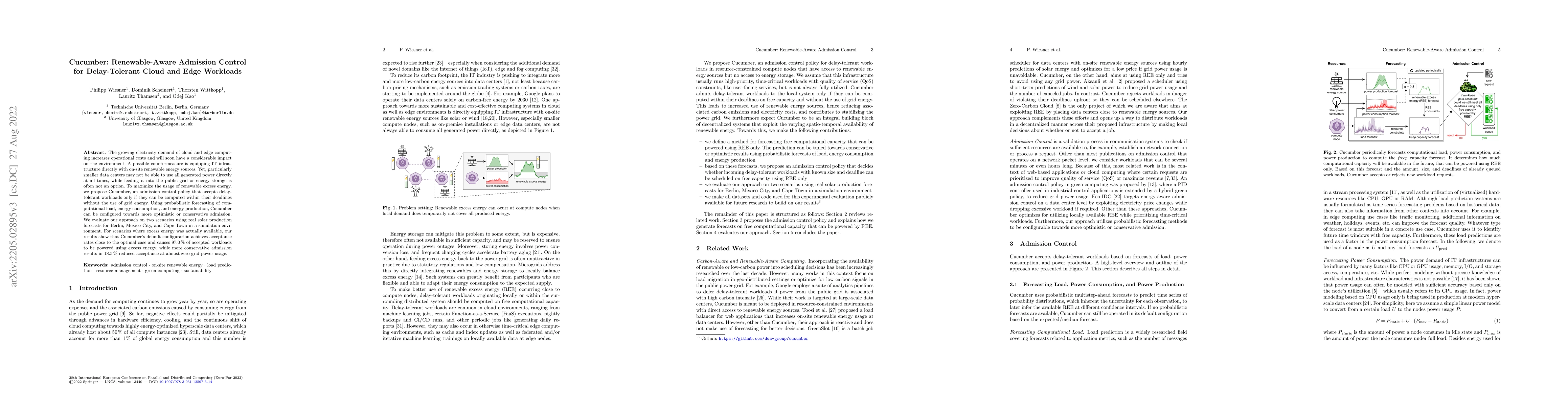 Thumbnail for Cucumber: Renewable-Aware Admission Control for Delay-Tolerant Cloud and
  Edge Workloads