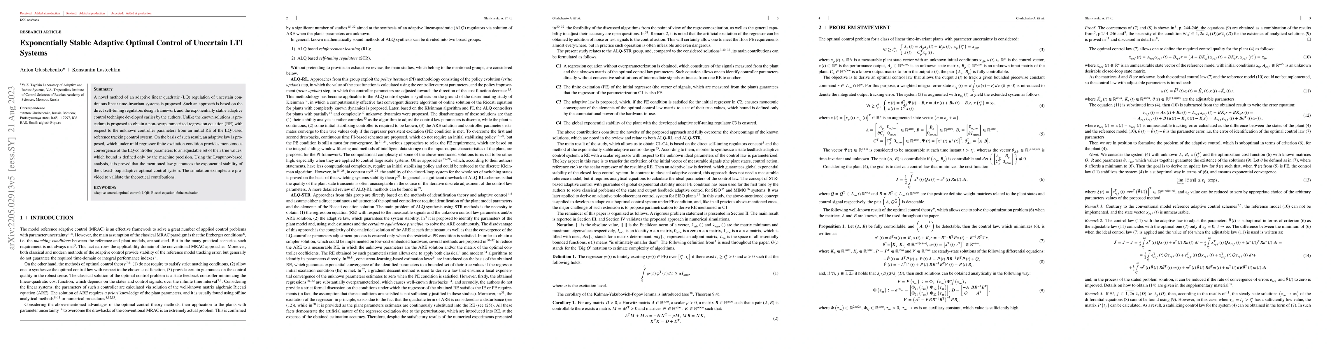 Thumbnail for Exponentially Stable Adaptive Optimal Control of Uncertain LTI Systems
