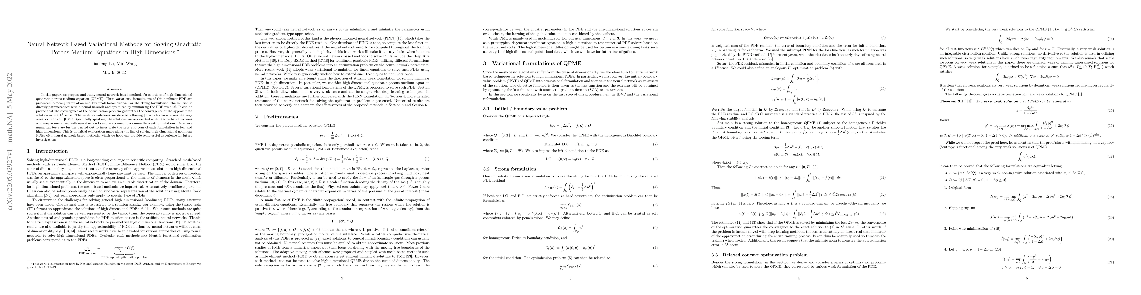 Thumbnail for Neural Network Based Variational Methods for Solving Quadratic Porous
  Medium Equations in High Dimensions