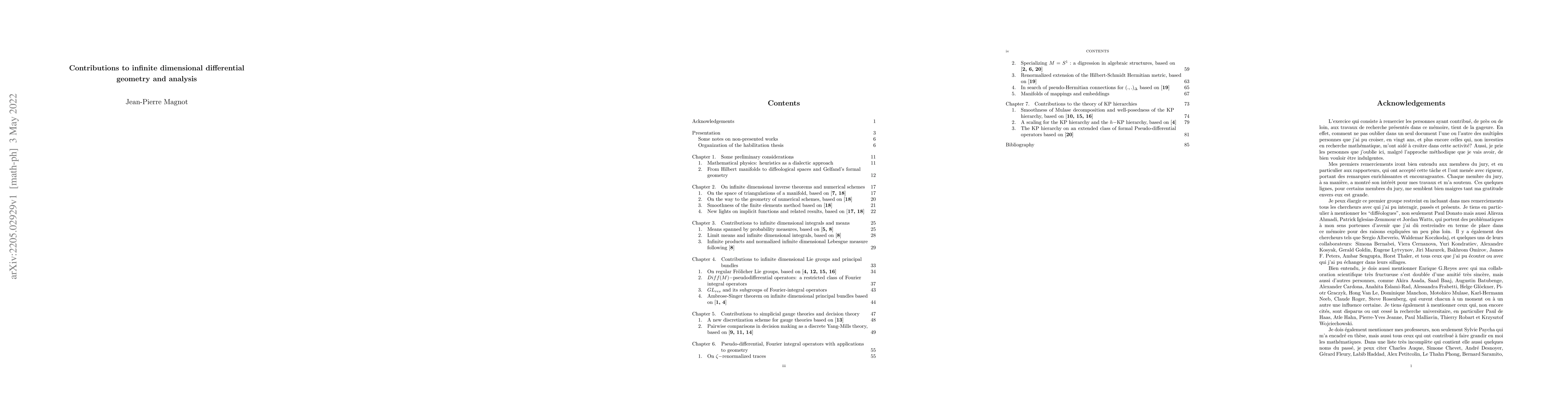 Thumbnail for Contributions to infinite dimensional geometry and analysis