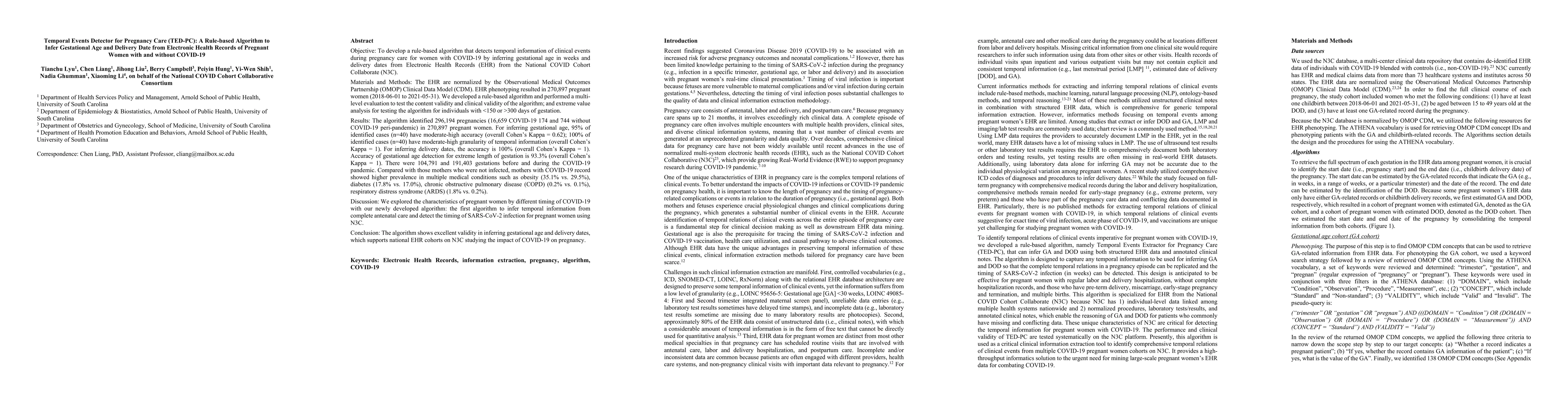 Thumbnail for Temporal Events Detector for Pregnancy Care (TED-PC): A Rule-based
  Algorithm to Infer Gestational Age and Delivery Date from Electronic Health
  Records of Pregnant Women with and without COVID-19