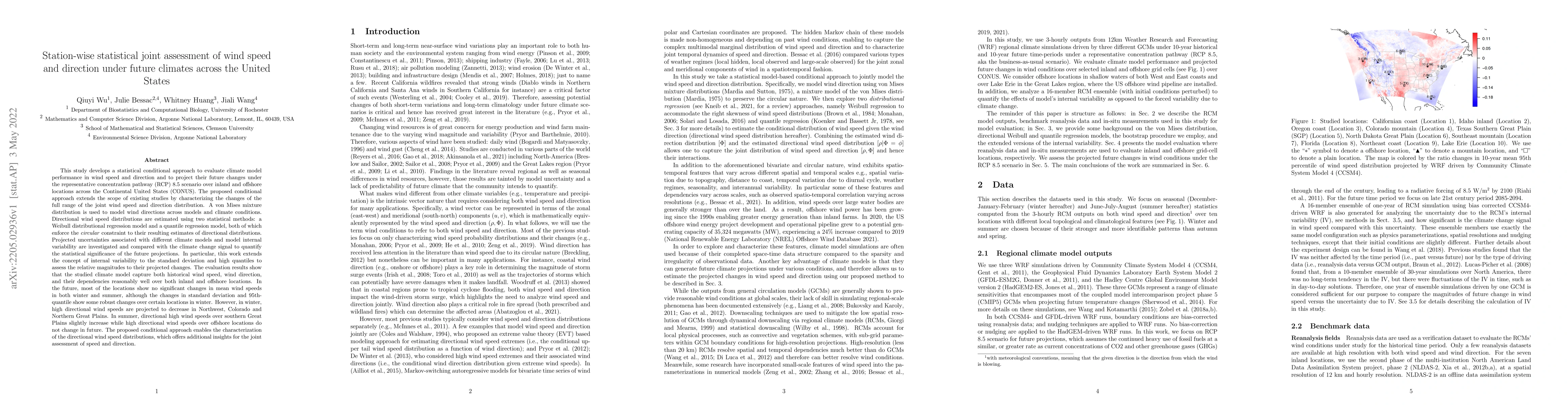 Thumbnail for Station-wise statistical joint assessment of wind speed and direction
  under future climates across the United States