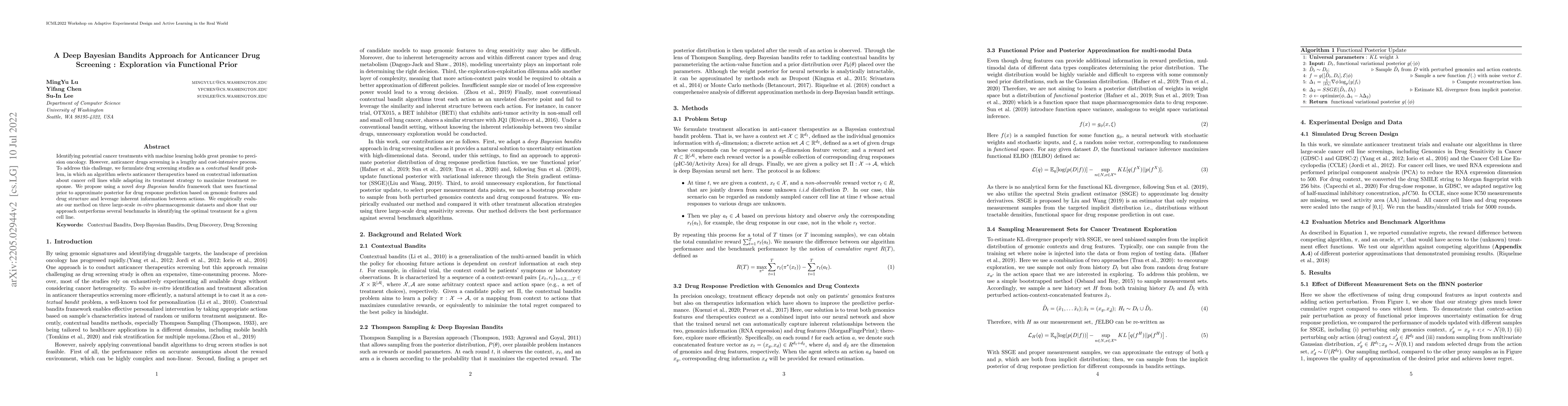 Thumbnail for A Deep Bayesian Bandits Approach for Anticancer Therapy: Exploration via
  Functional Prior