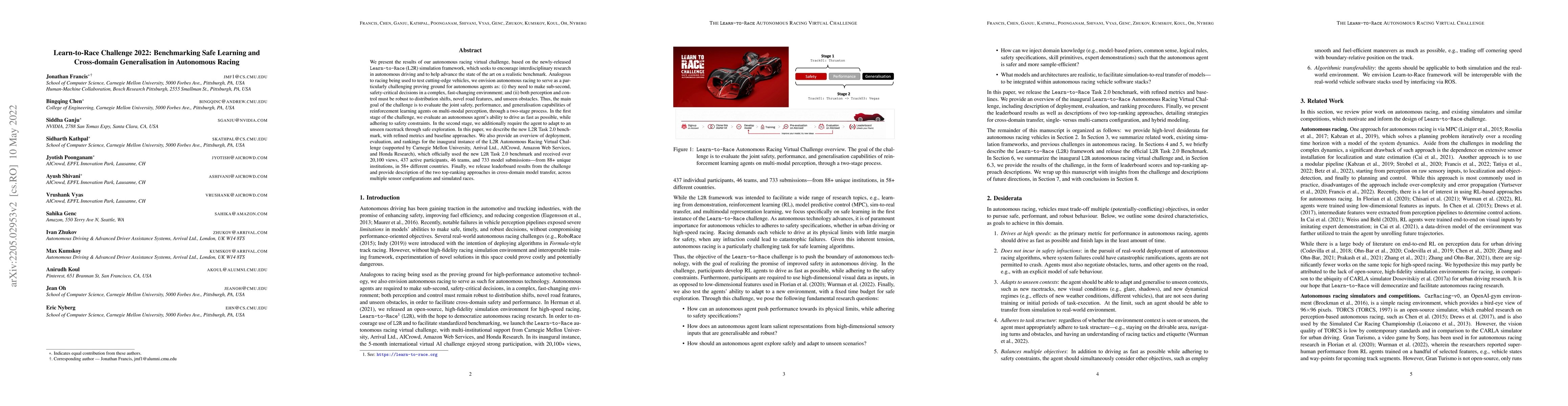 Thumbnail for Learn-to-Race Challenge 2022: Benchmarking Safe Learning and
  Cross-domain Generalisation in Autonomous Racing