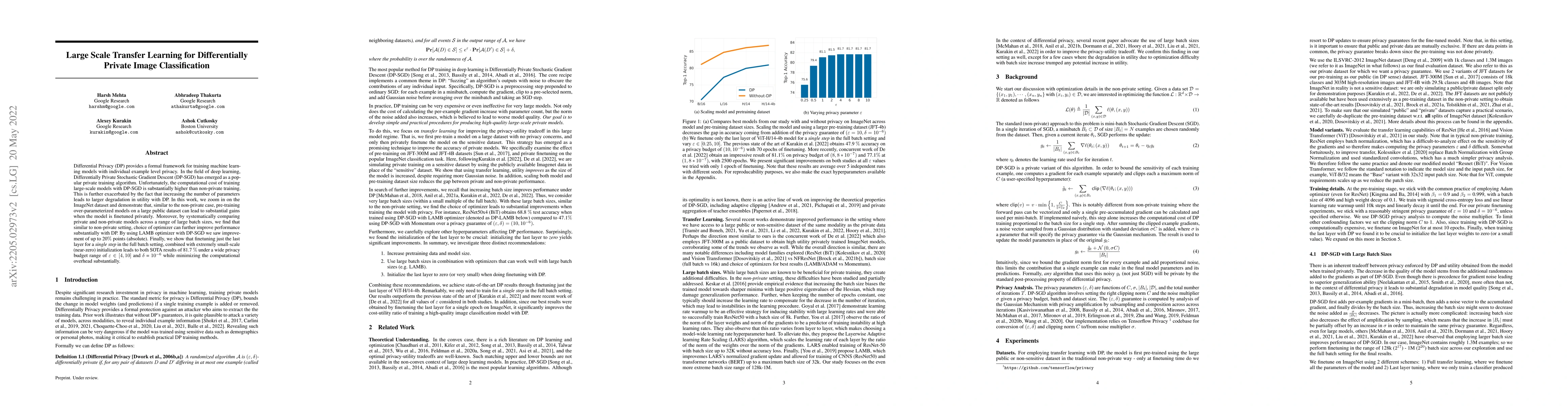 Thumbnail for Large Scale Transfer Learning for Differentially Private Image
  Classification