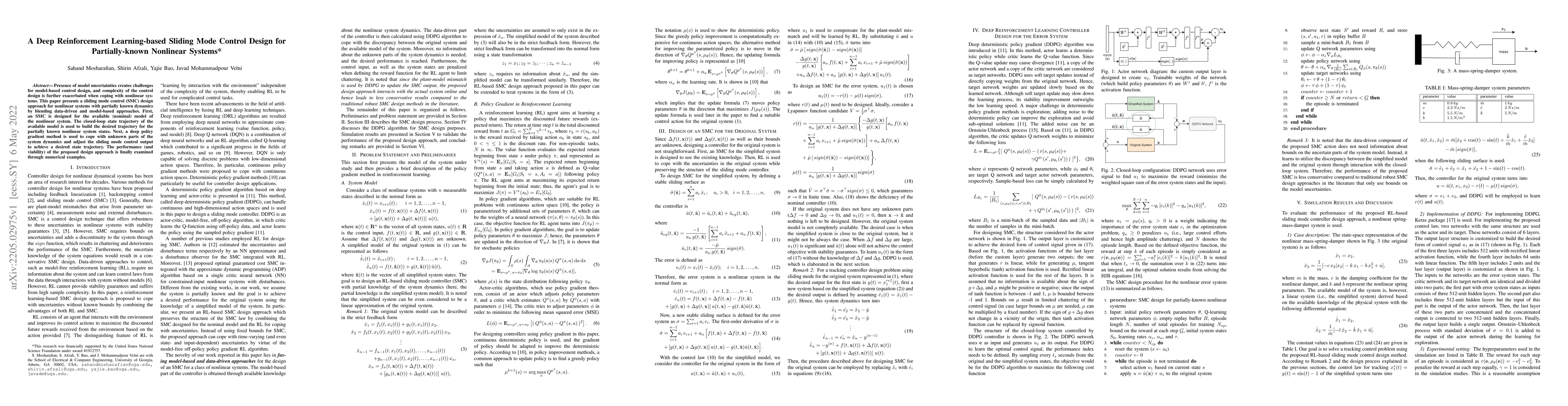 Thumbnail for A Deep Reinforcement Learning-based Sliding Mode Control Design for
  Partially-known Nonlinear Systems