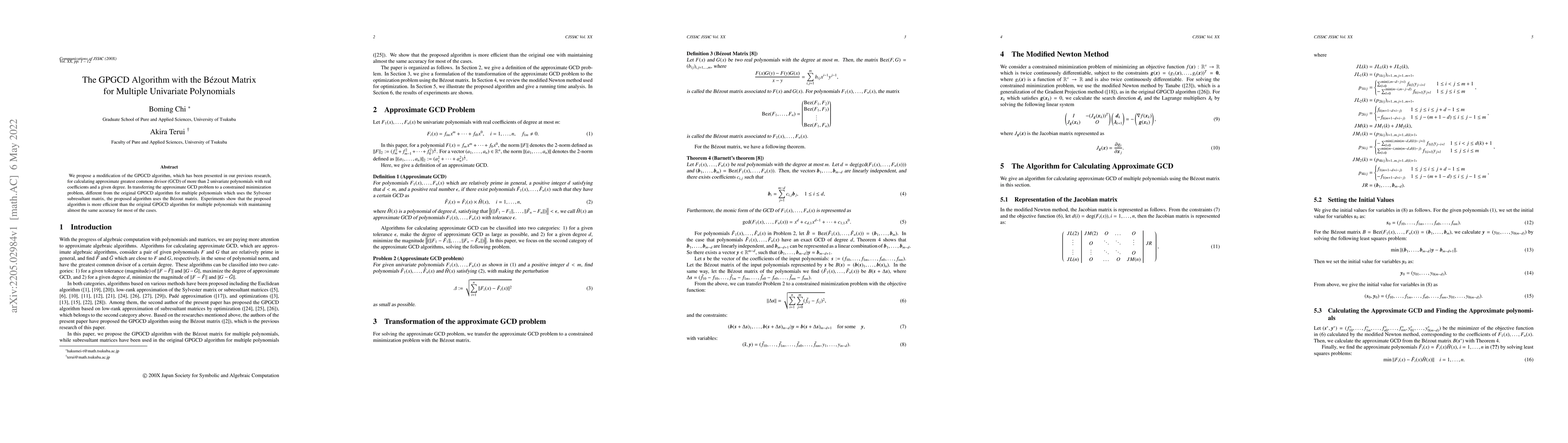 Thumbnail for The GPGCD Algorithm with the B\'ezout Matrix for Multiple Univariate
  Polynomials