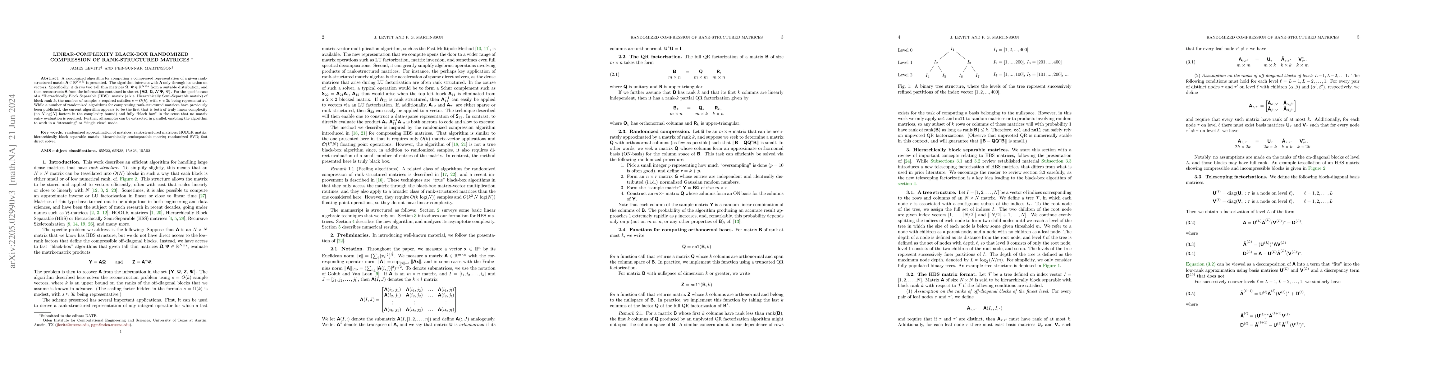Thumbnail for Linear-Complexity Black-Box Randomized Compression of Rank-Structured
  Matrices