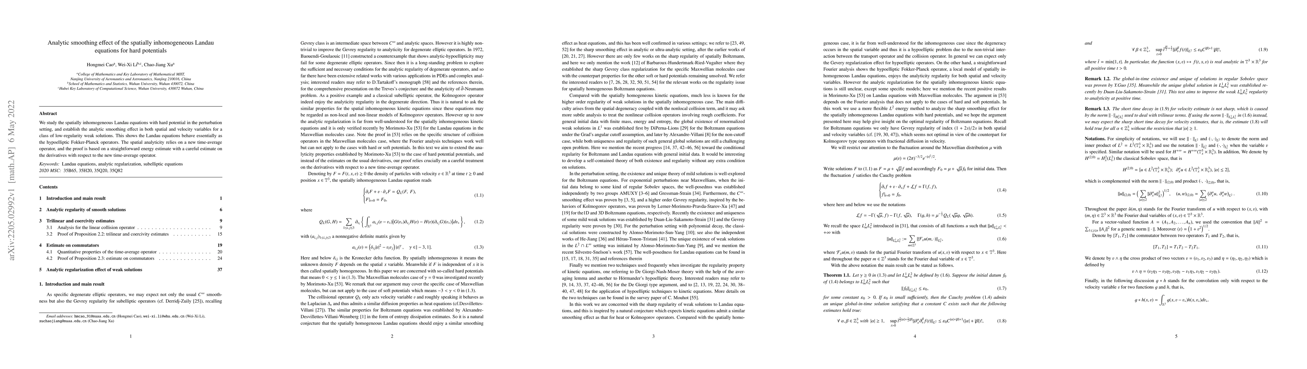 Thumbnail for Analytic smoothing effect of the spatially inhomogeneous Landau
  equations for hard potentials