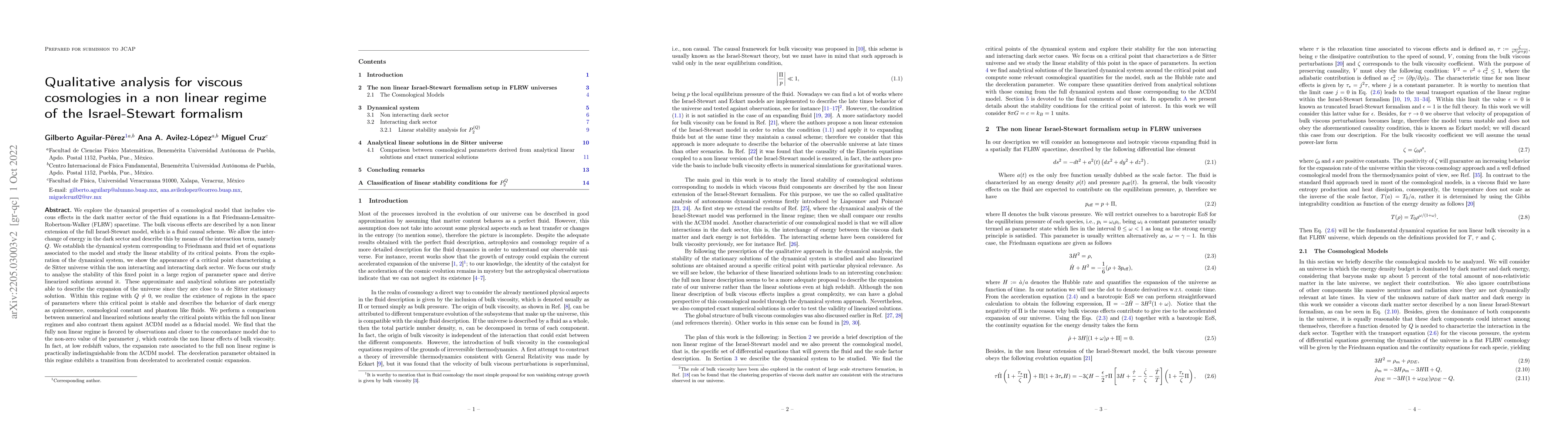 Thumbnail for Qualitative analysis for viscous cosmologies in a non linear regime of
  the Israel-Stewart formalism