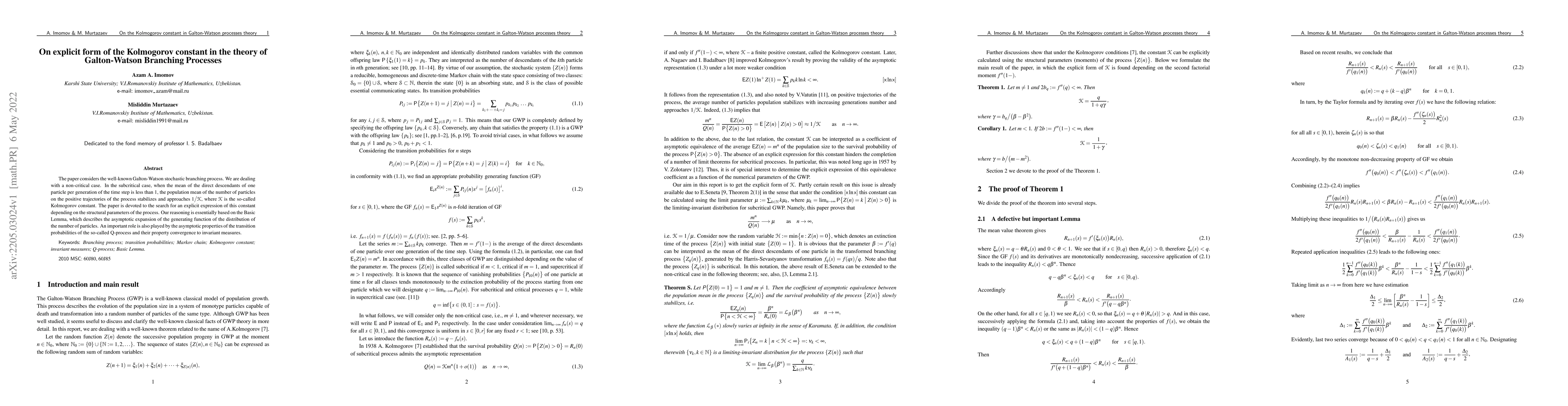 Thumbnail for On explicit form of the Kolmogorov constant in the theory of
  Galton-Watson Branching Processes
