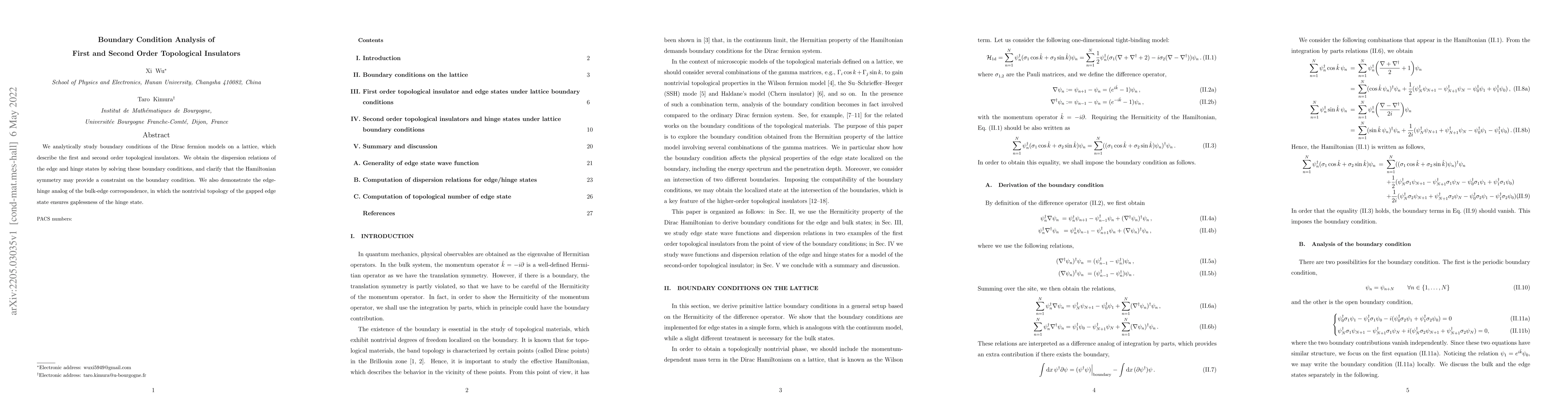 Thumbnail for Boundary Condition Analysis of First and Second Order Topological
  Insulators
