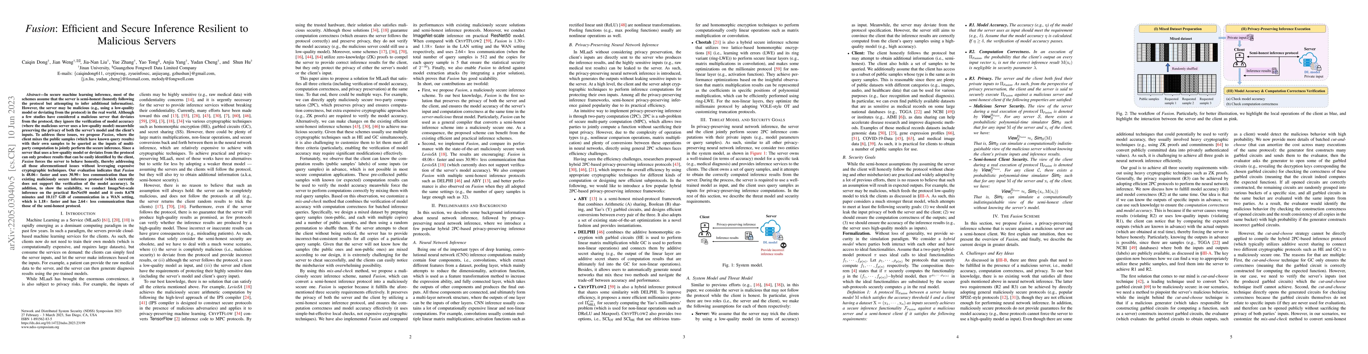Thumbnail for Fusion: Efficient and Secure Inference Resilient to Malicious Servers