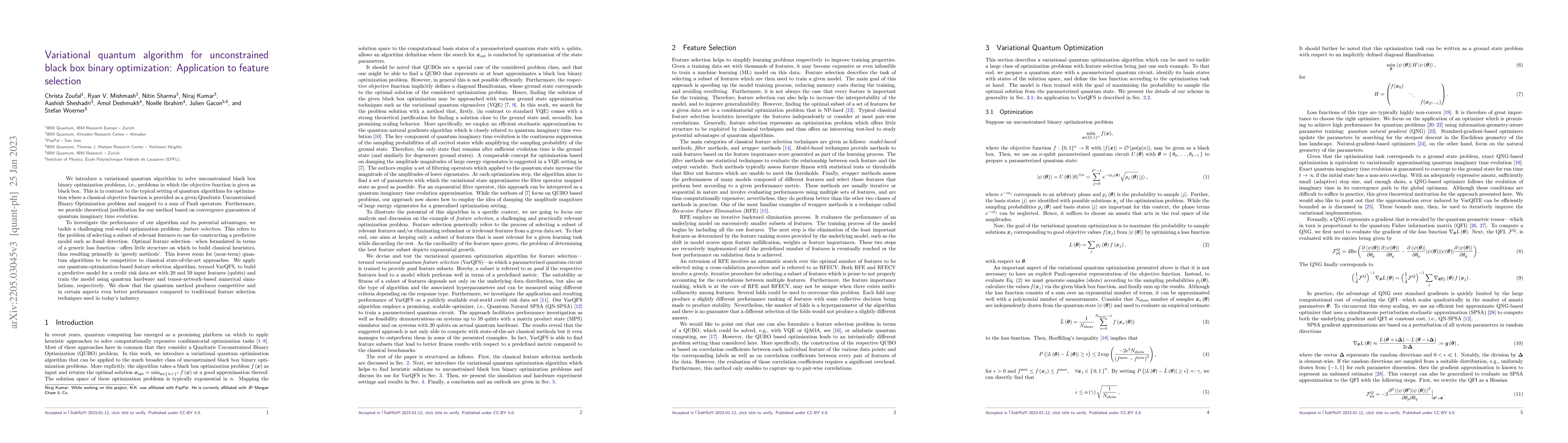 Thumbnail for Variational quantum algorithm for unconstrained black box binary
  optimization: Application to feature selection