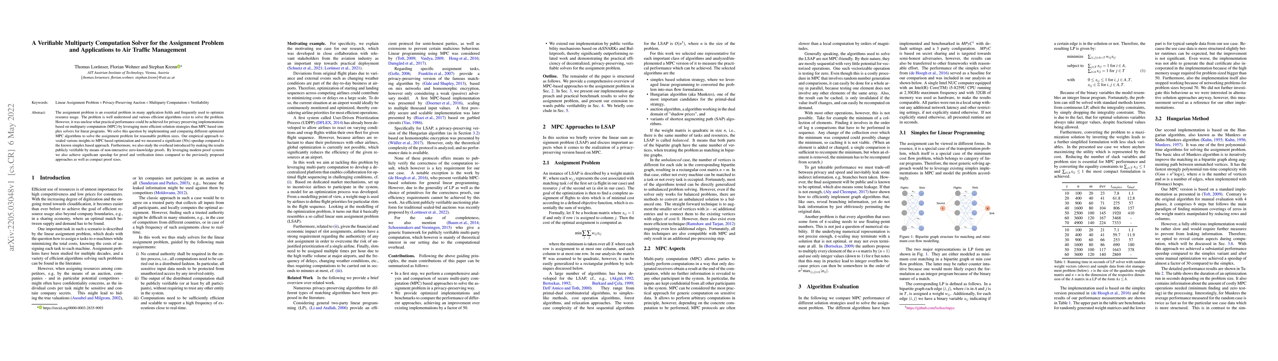 Thumbnail for A Verifiable Multiparty Computation Solver for the Assignment Problem
  and Applications to Air Traffic Management