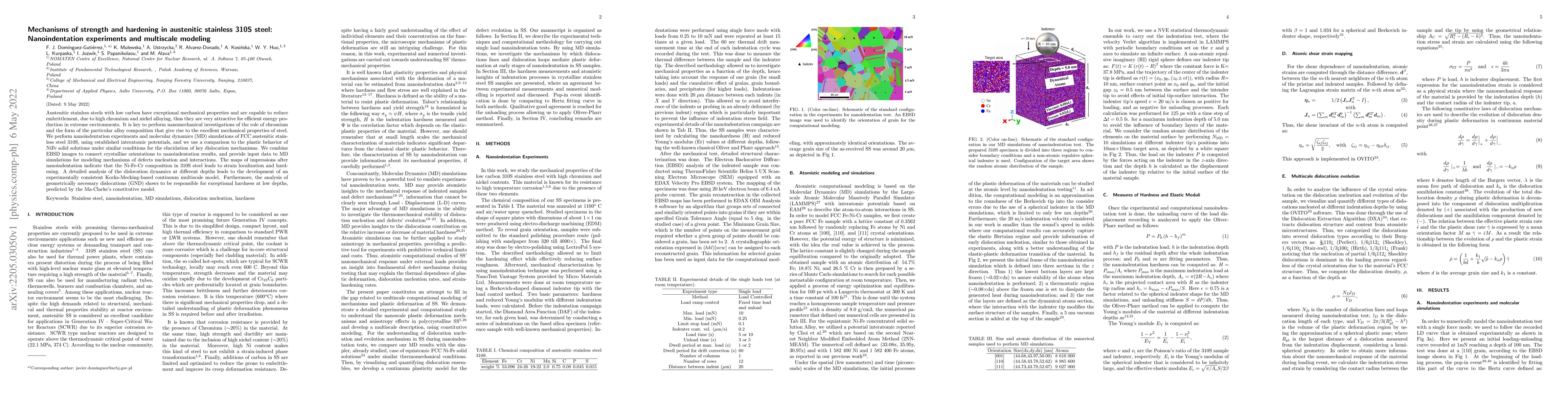 Thumbnail for Mechanisms of strength and hardening in austenitic stainless 310S steel:
  Nanoindentation experiments and multiscale modeling