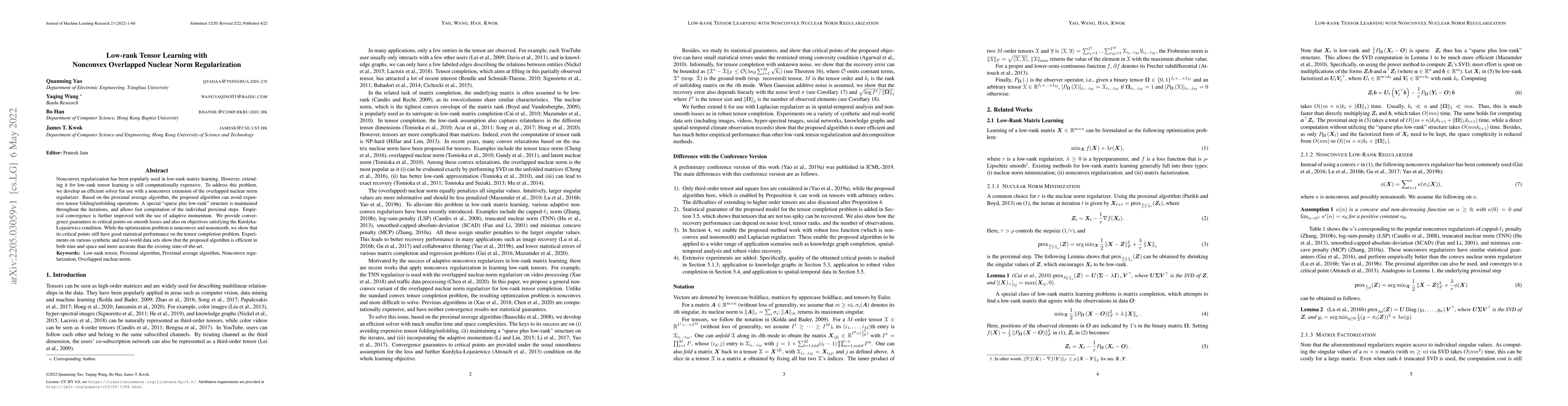 Thumbnail for Low-rank Tensor Learning with Nonconvex Overlapped Nuclear Norm
  Regularization
