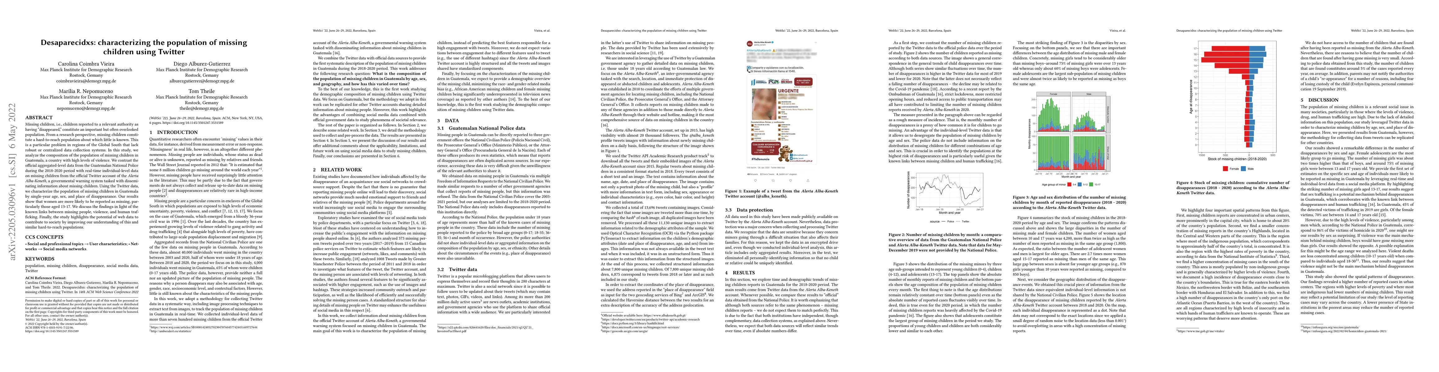 Thumbnail for Desaparecidxs: characterizing the population of missing children using
  Twitter