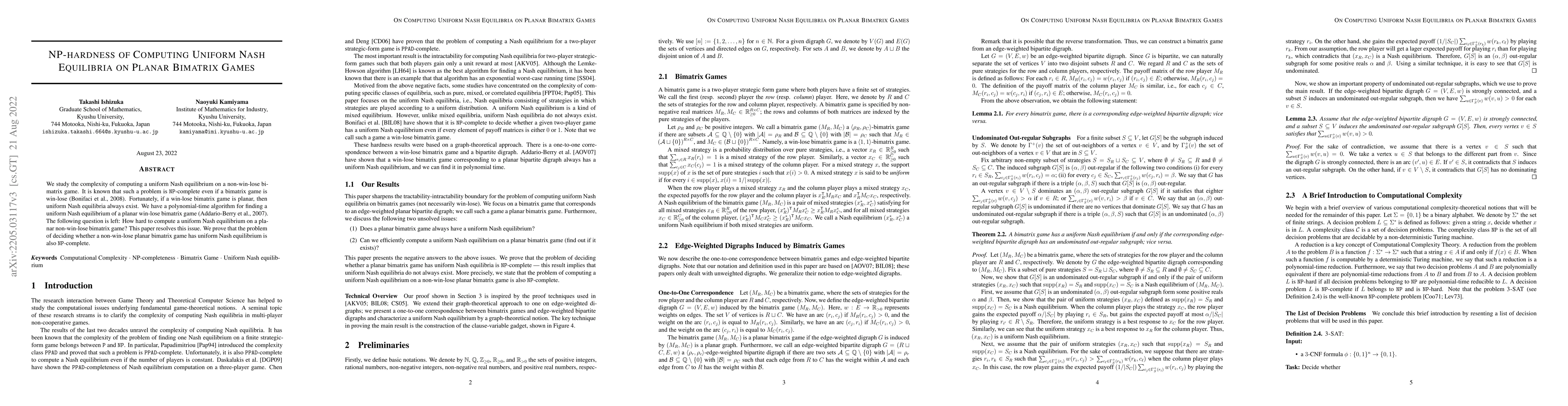 Thumbnail for NP-hardness of Computing Uniform Nash Equilibria on Planar Bimatrix
  Games