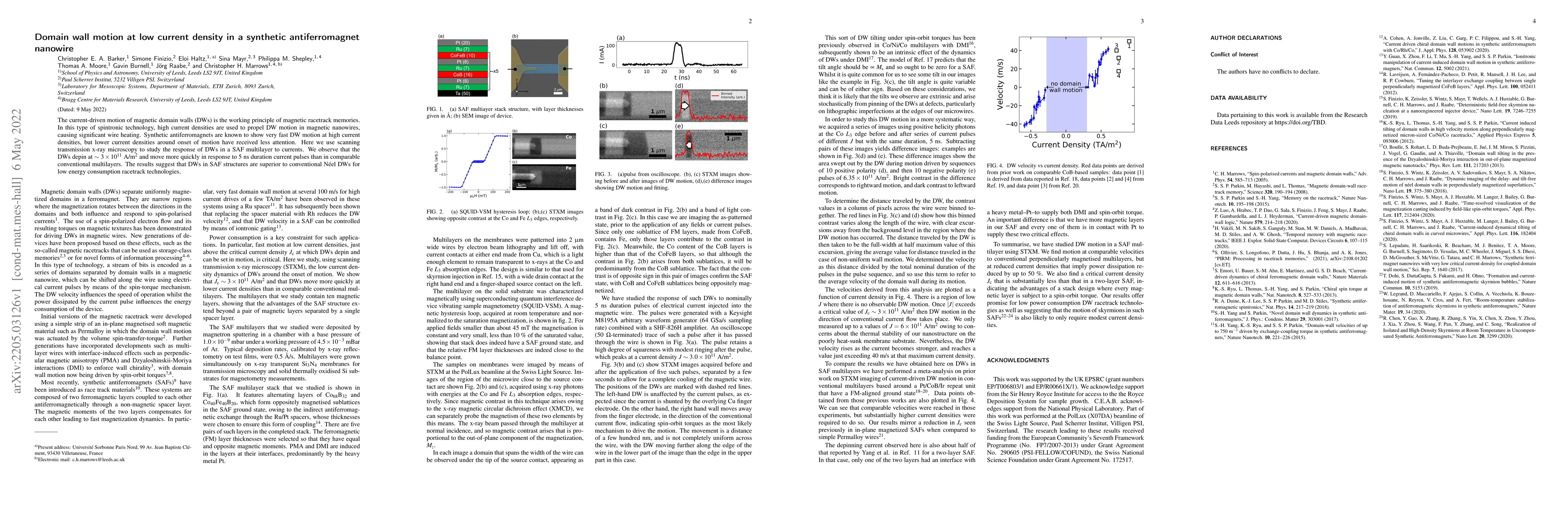 Thumbnail for Domain wall motion at low current density in a synthetic antiferromagnet
  nanowire