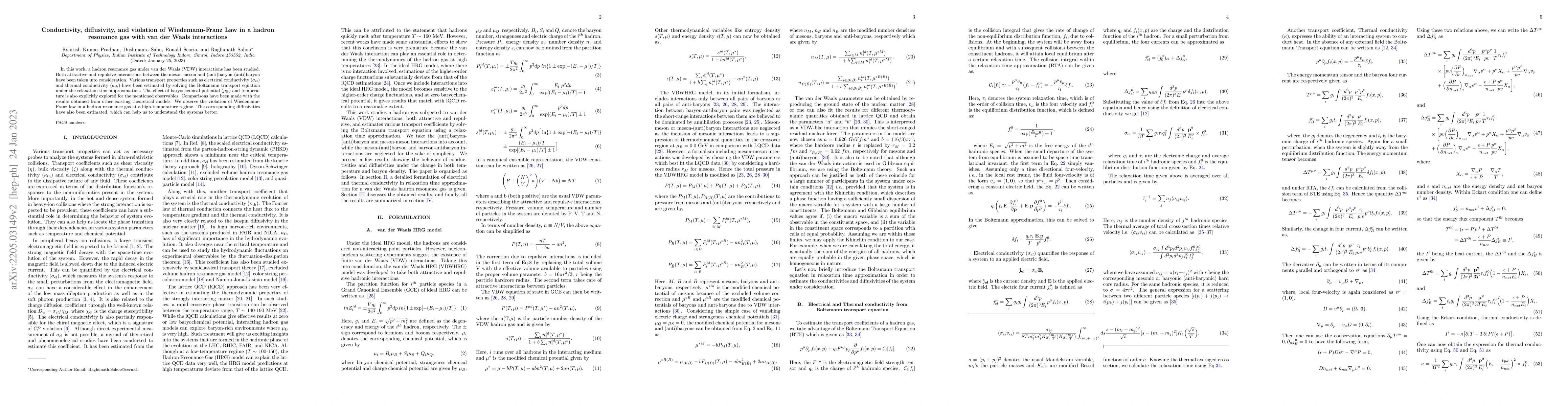 Thumbnail for Conductivity, diffusivity, and violation of Wiedemann-Franz Law in a
  hadron resonance gas with van der Waals interactions