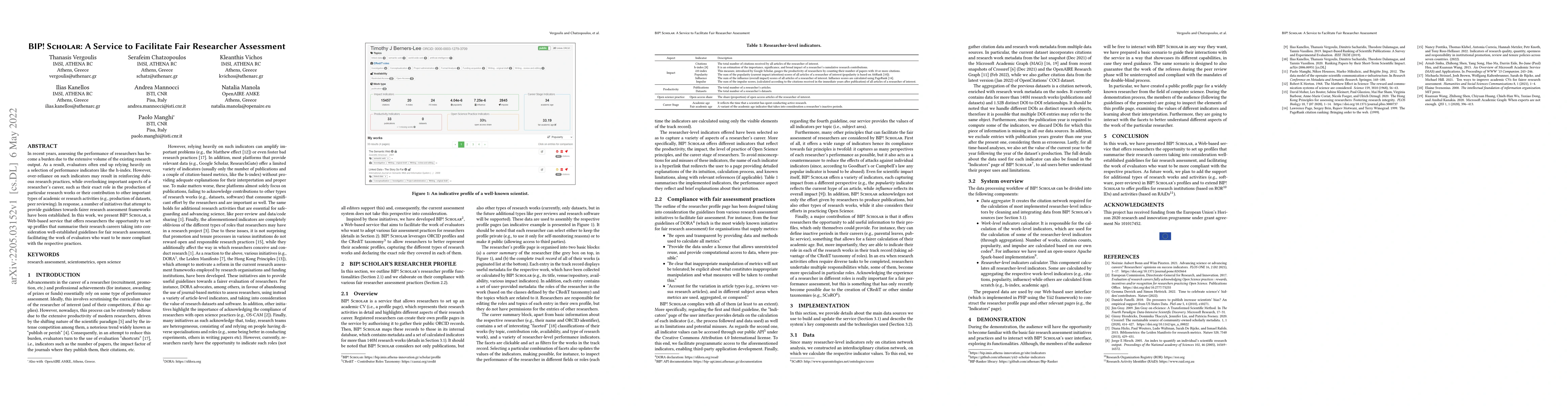 Thumbnail for BIP! Scholar: A Service to Facilitate Fair Researcher Assessment