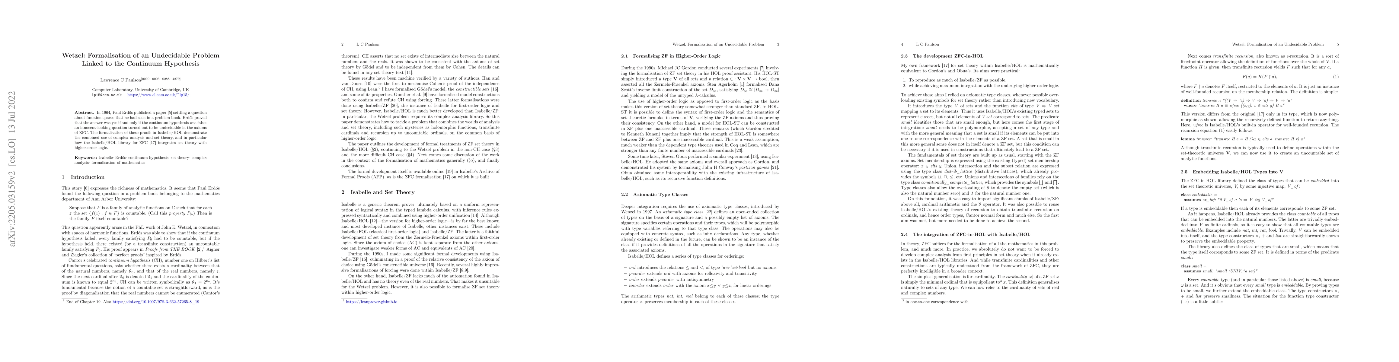 Thumbnail for Wetzel: Formalisation of an Undecidable Problem Linked to the Continuum
  Hypothesis