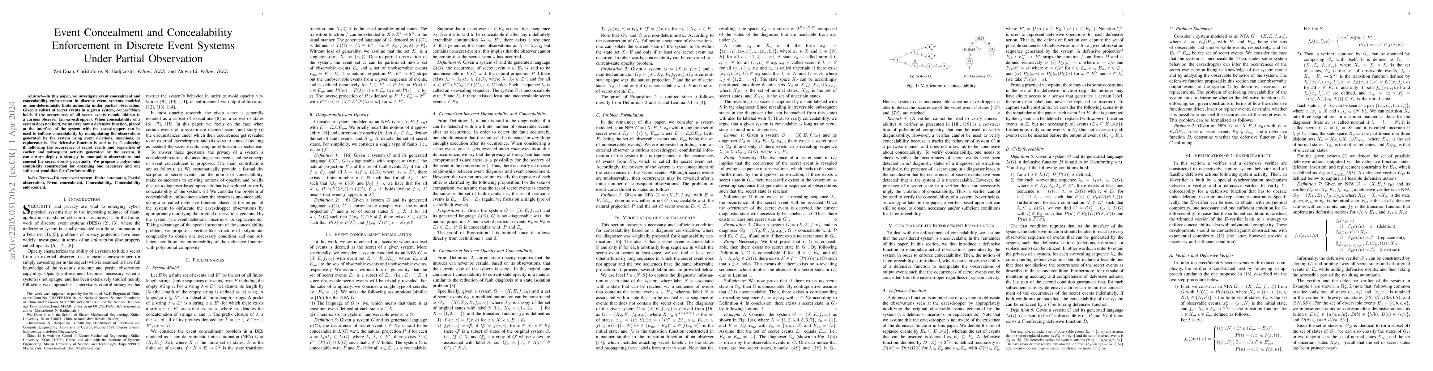 Thumbnail for Event Concealment and Concealability Enforcement in Discrete Event
  Systems Under Partial Observation