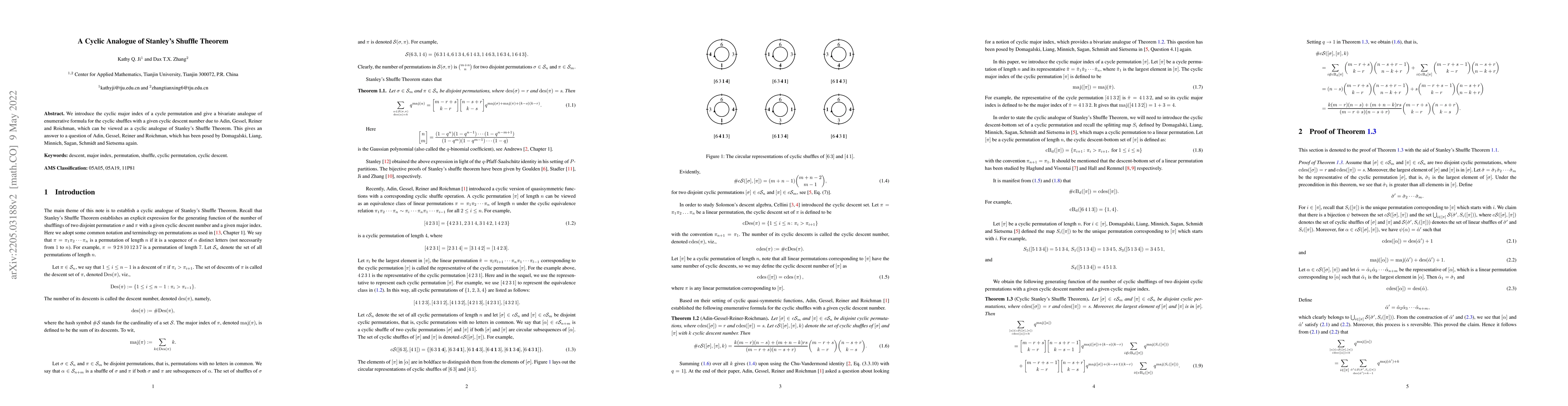 Thumbnail for A Cyclic Analogue of Stanley's Shuffle Theorem
