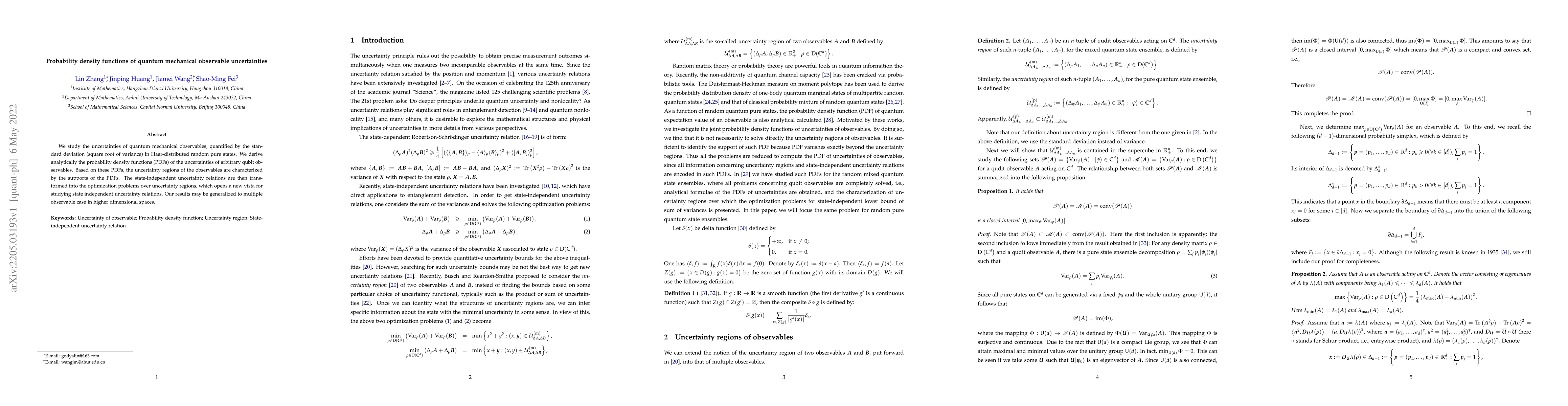 Thumbnail for Probability density functions of quantum mechanical observable
  uncertainties