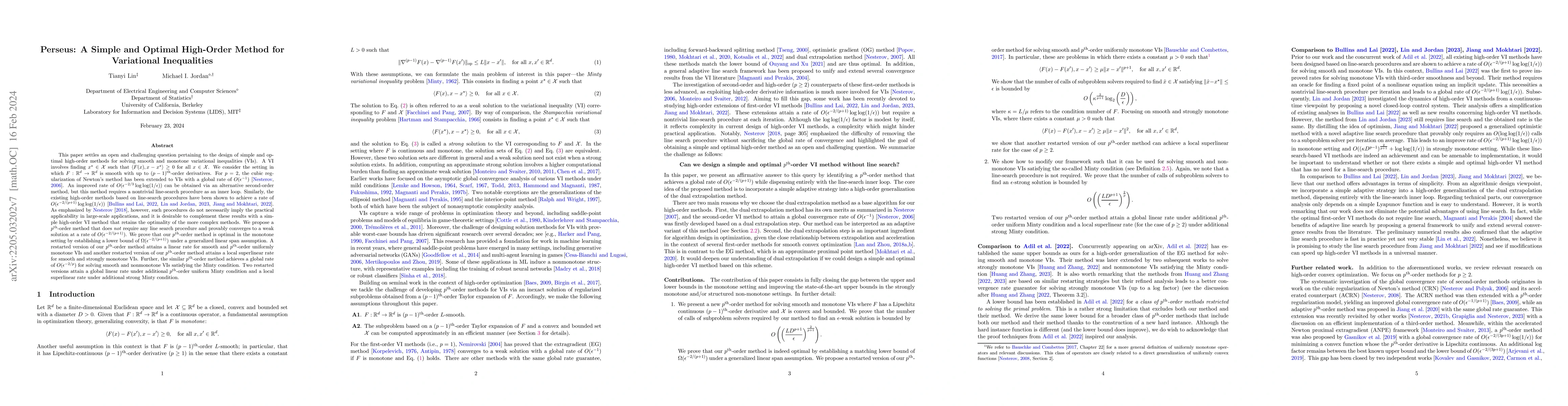 Thumbnail for Perseus: A Simple and Optimal High-Order Method for Variational
  Inequalities