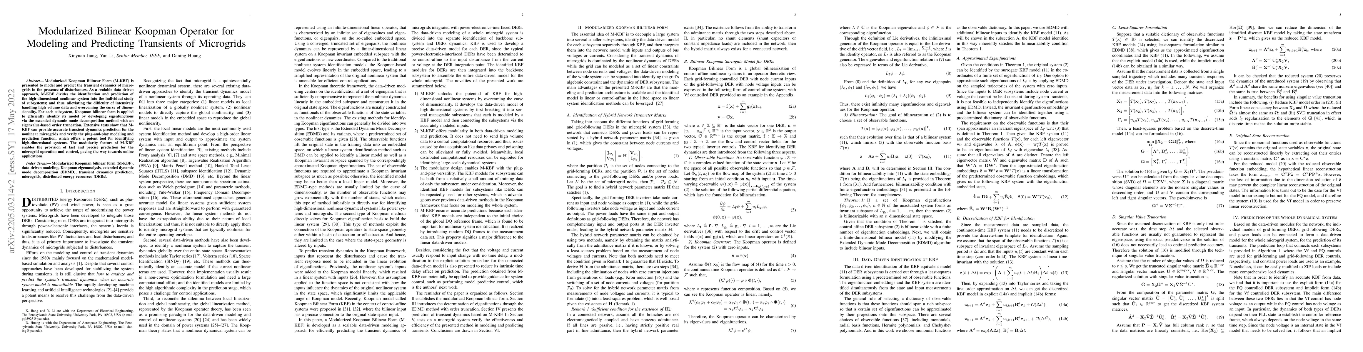 Thumbnail for Modularized Bilinear Koopman Operator for Modeling and Predicting
  Transients of Microgrids