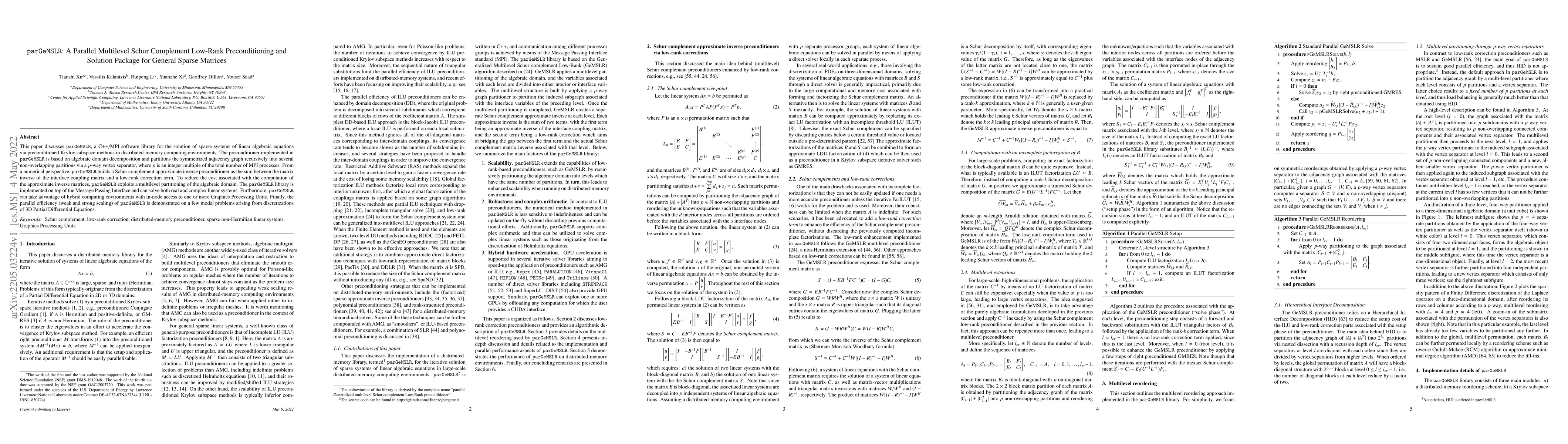 Thumbnail for parGeMSLR: A Parallel Multilevel Schur Complement Low-Rank
  Preconditioning and Solution Package for General Sparse Matrices