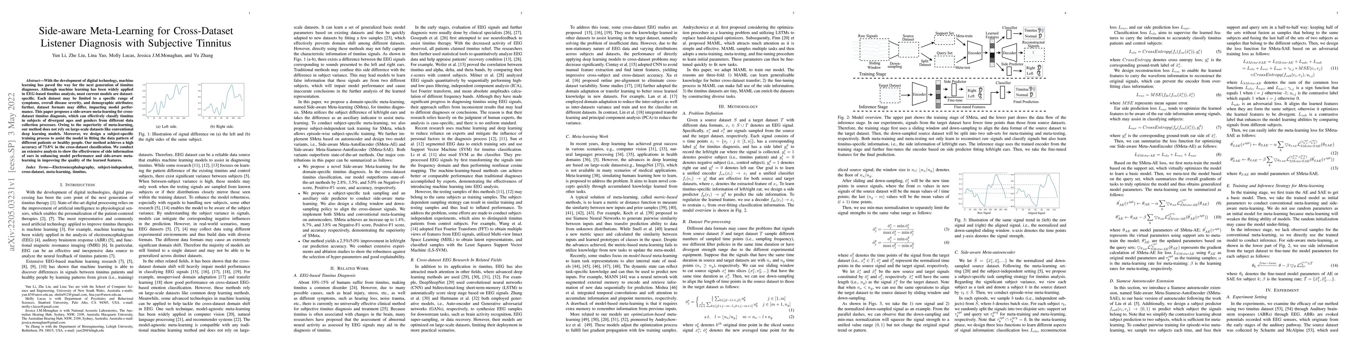 Thumbnail for Side-aware Meta-Learning for Cross-Dataset Listener Diagnosis with
  Subjective Tinnitus