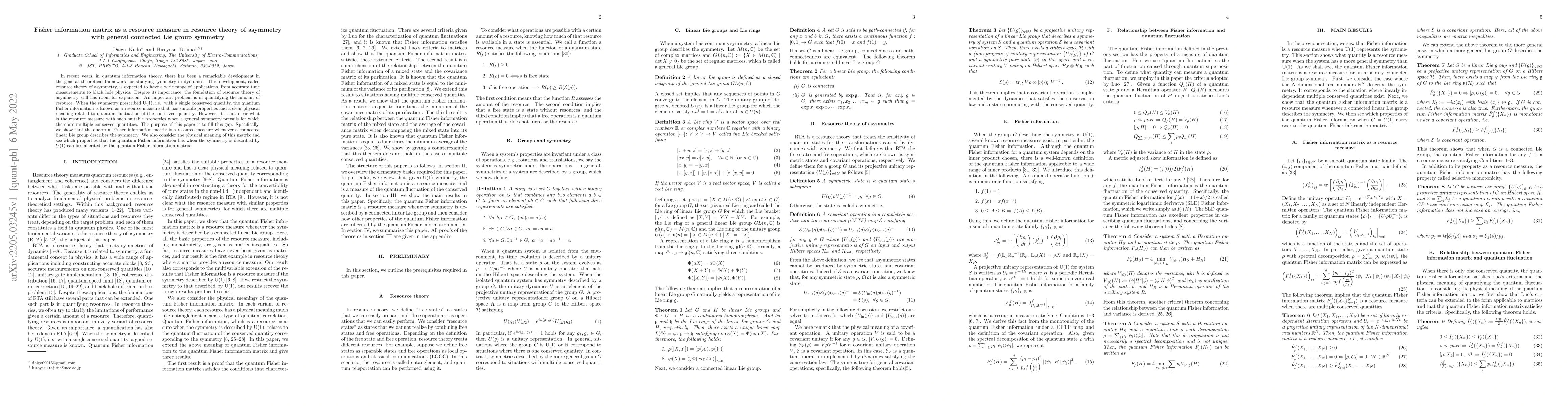 Thumbnail for Fisher information matrix as a resource measure in resource theory of
  asymmetry with general connected Lie group symmetry