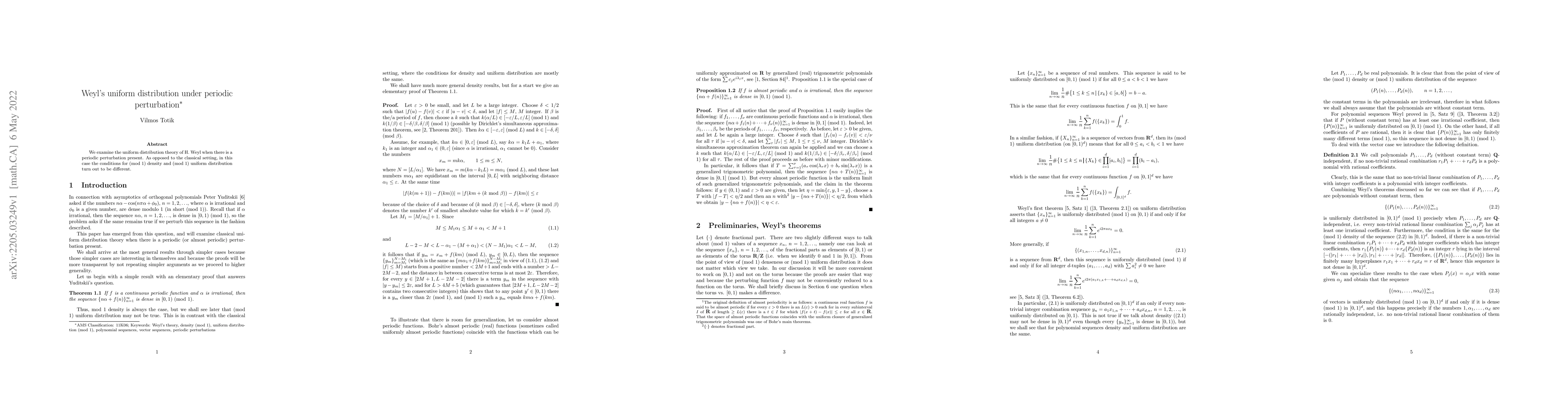 Thumbnail for Weyl's uniform distribution under periodic perturbation