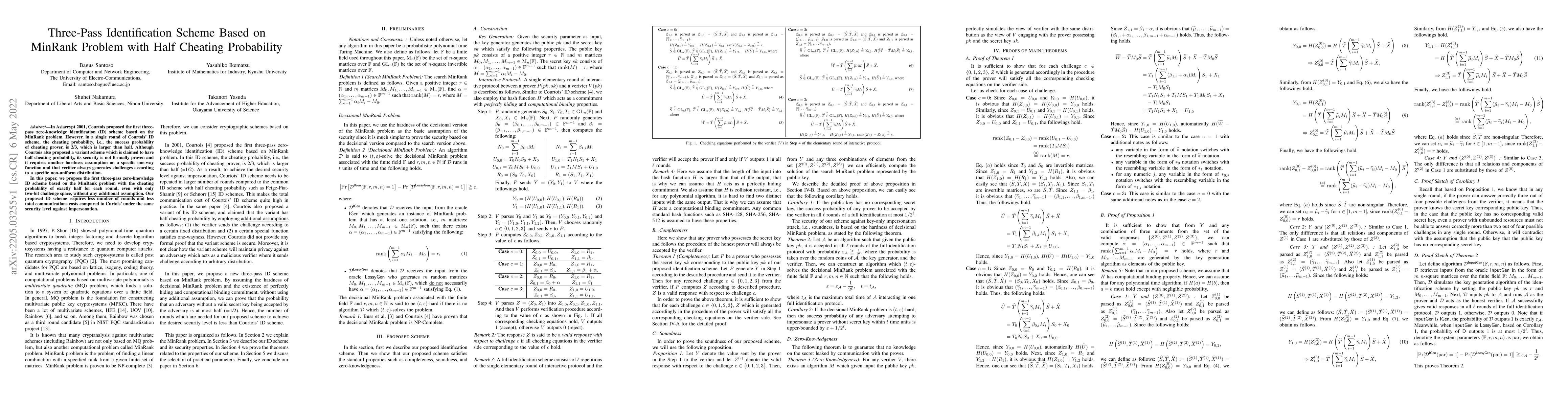 Thumbnail for Three-Pass Identification Scheme Based on MinRank Problem with Half
  Cheating Probability