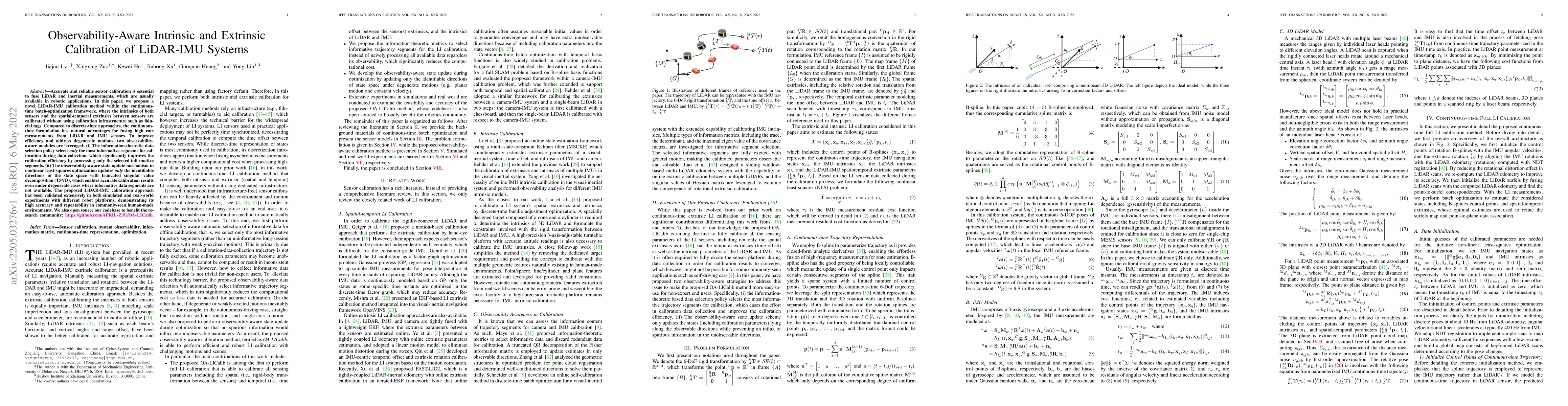 Thumbnail for Observability-Aware Intrinsic and Extrinsic Calibration of LiDAR-IMU
  Systems