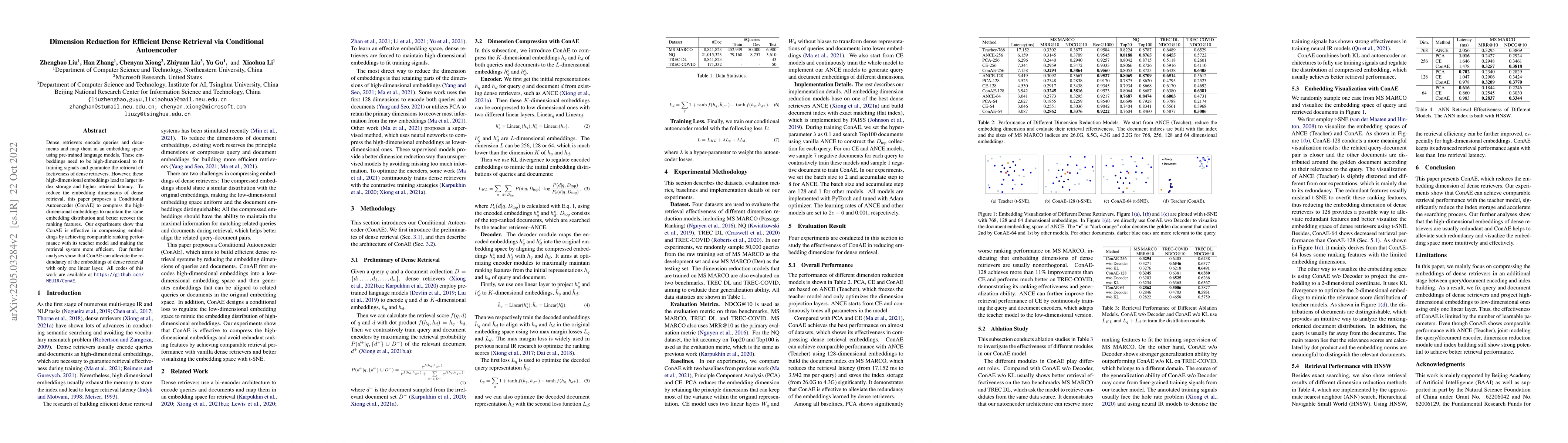 Thumbnail for Dimension Reduction for Efficient Dense Retrieval via Conditional
  Autoencoder