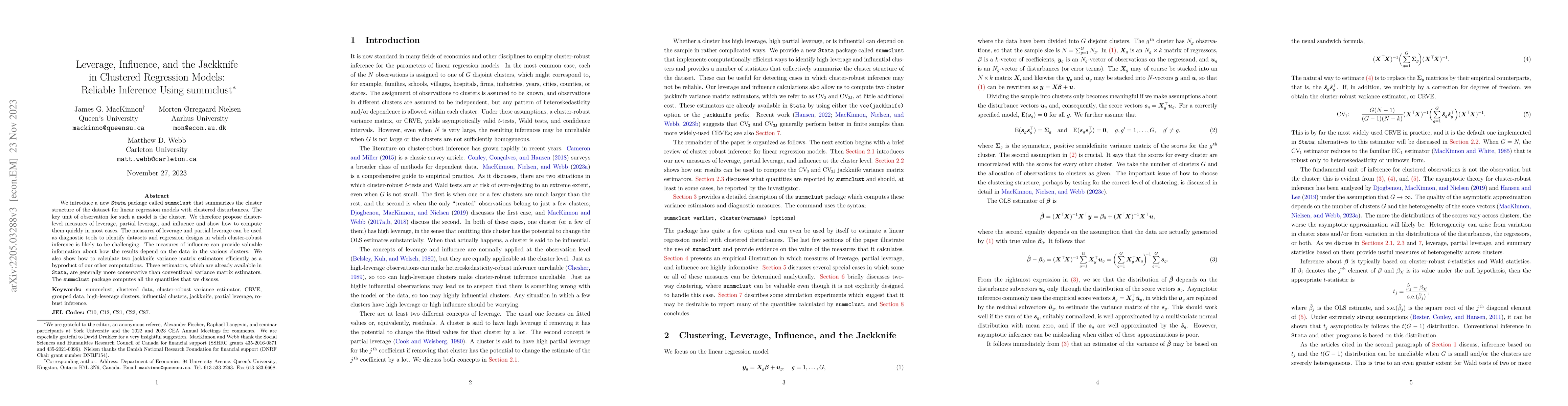 Thumbnail for Leverage, Influence, and the Jackknife in Clustered Regression Models:
  Reliable Inference Using summclust