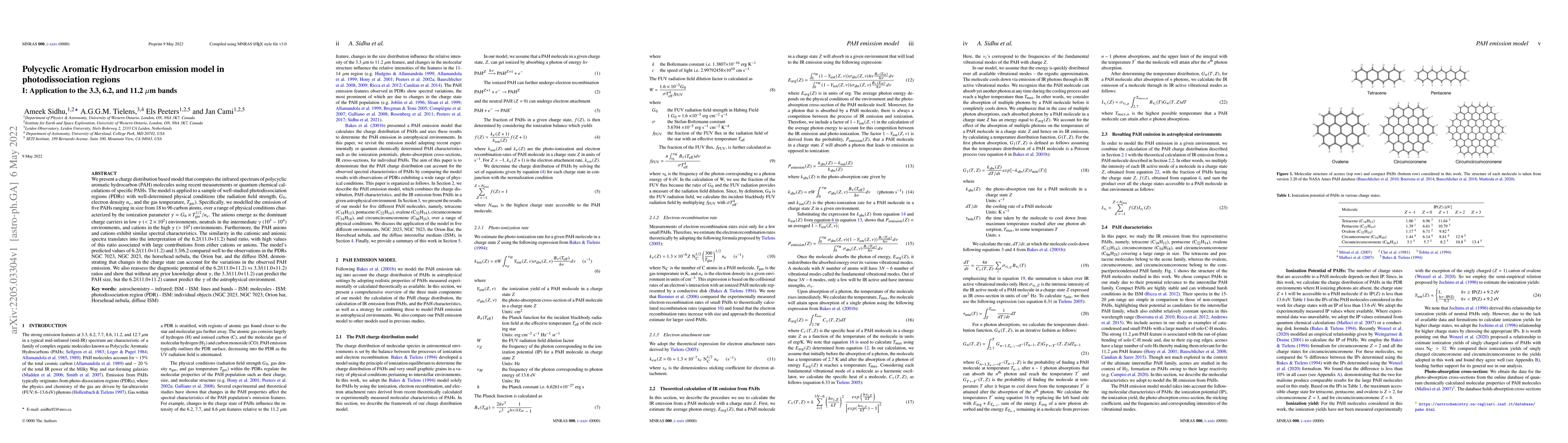 Thumbnail for Polycyclic Aromatic Hydrocarbon emission model in photodissociation
  regions I: Application to the 3.3, 6.2, and 11.2 $\mu$m bands