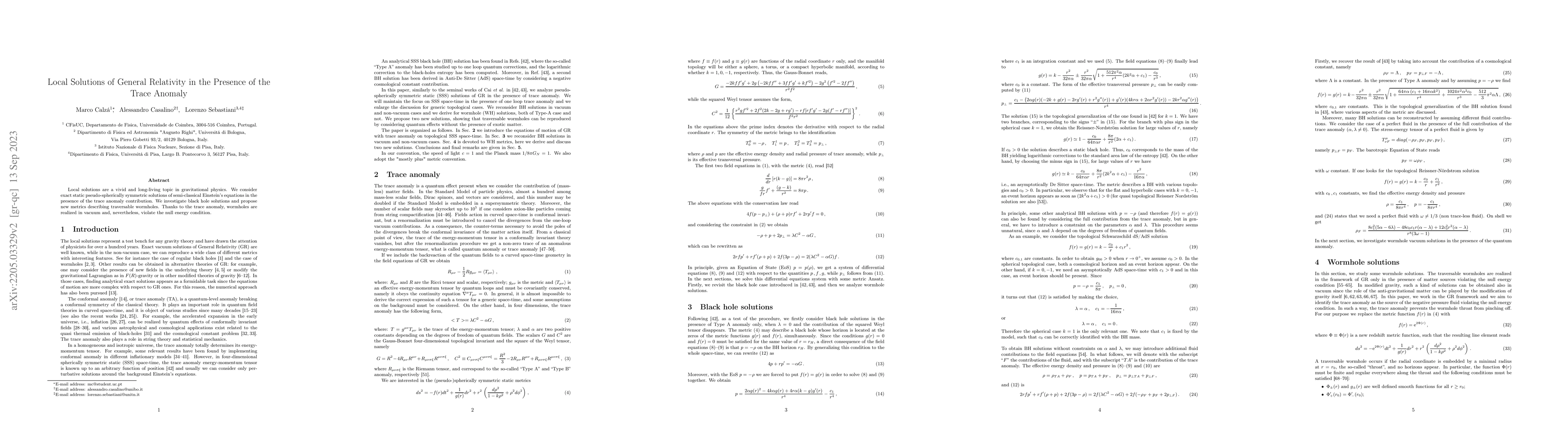 Thumbnail for Local solutions of General Relativity in the presence of the Trace
  Anomaly