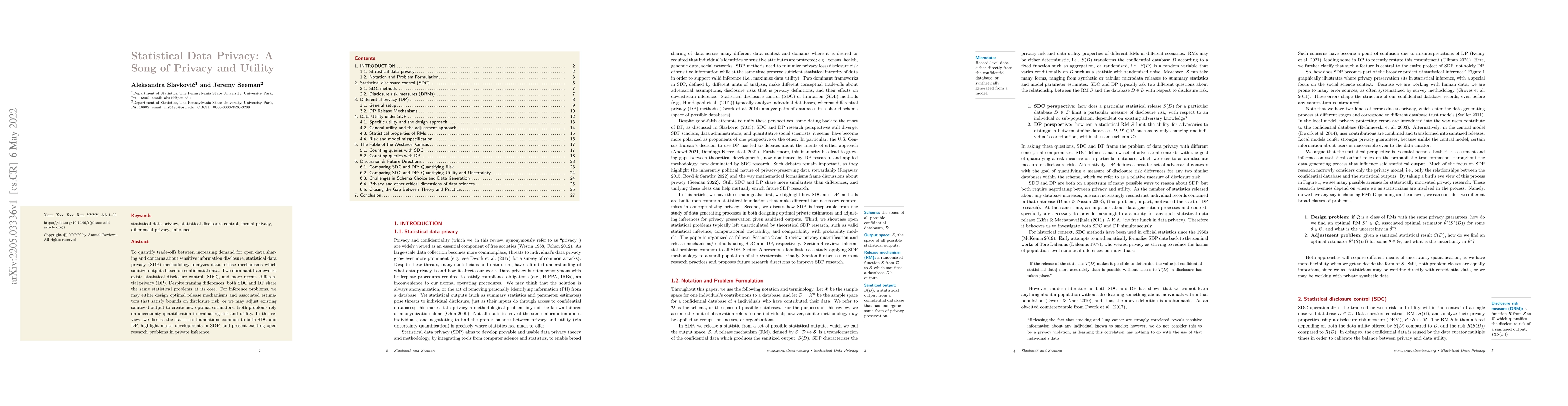 Thumbnail for Statistical Data Privacy: A Song of Privacy and Utility