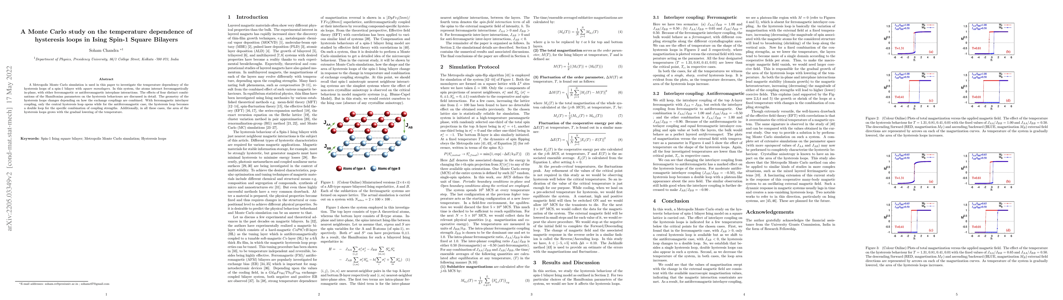 Thumbnail for A Monte Carlo study on the temperature dependence of hysteresis loops in
  Ising Spin-1 Square Bilayers