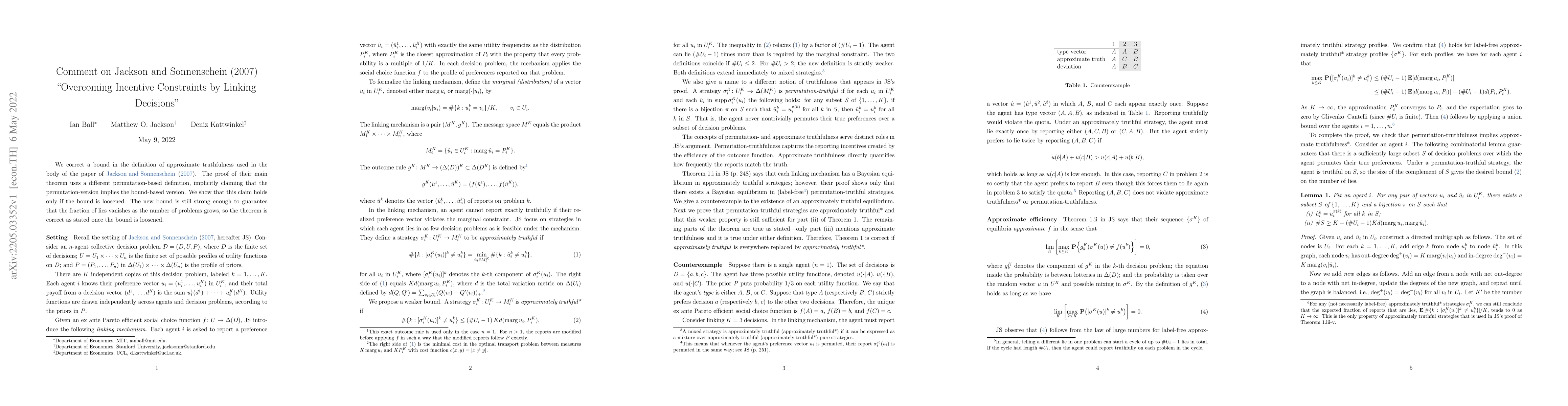 Thumbnail for Comment on Jackson and Sonnenschein (2007) "Overcoming Incentive
  Constraints by Linking Decisions"