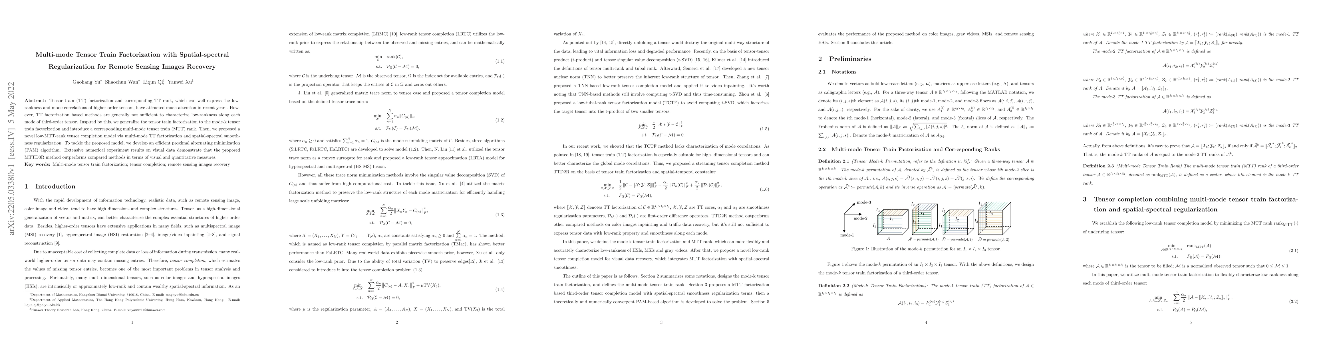 Thumbnail for Multi-mode Tensor Train Factorization with Spatial-spectral
  Regularization for Remote Sensing Images Recovery
