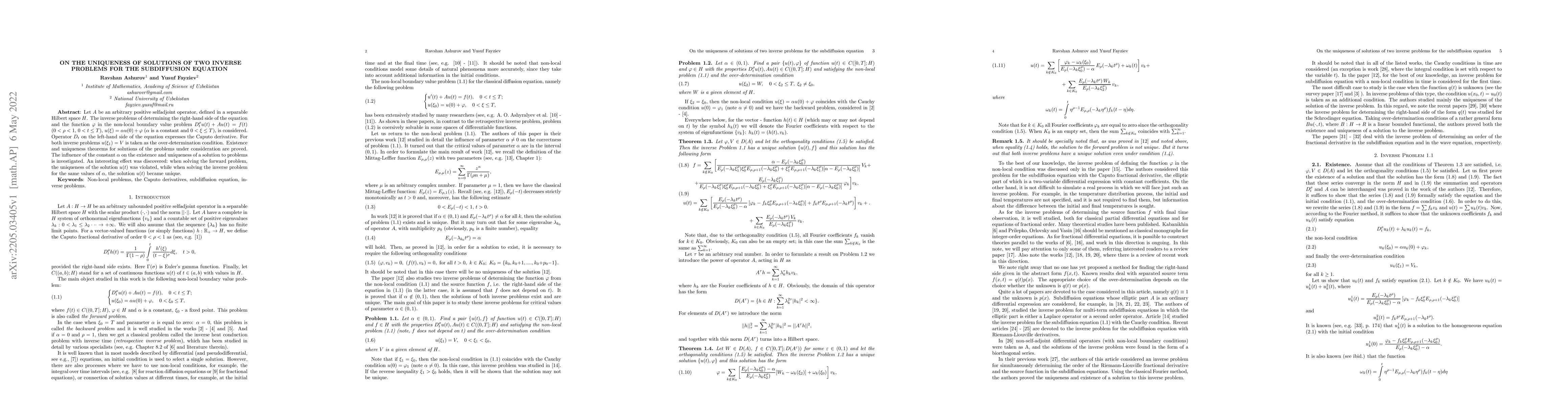 Thumbnail for On the uniqueness of solutions of two inverse problems for the
  subdiffusion equation