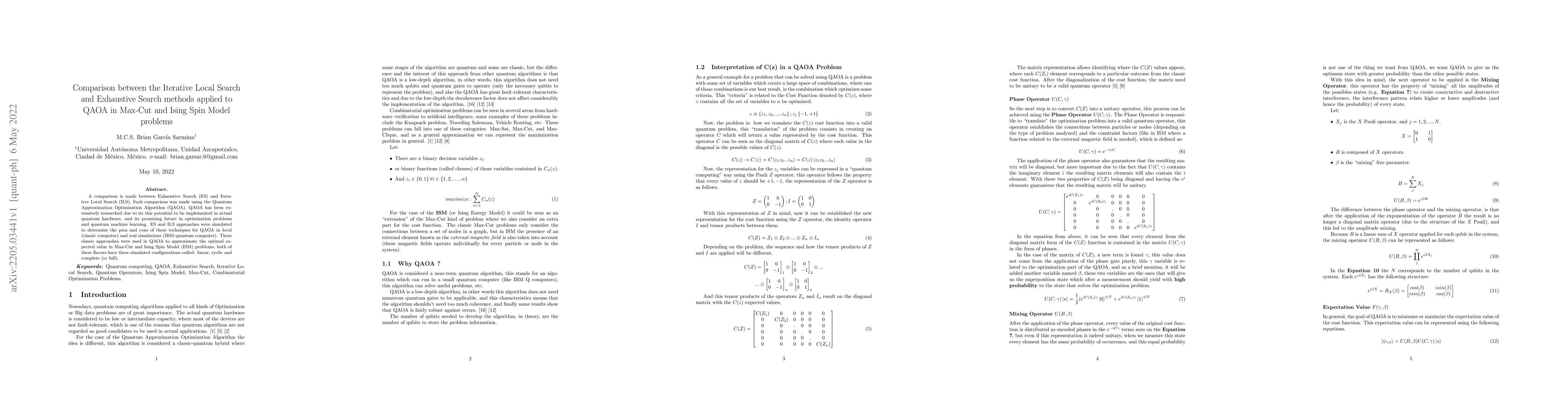 Thumbnail for Comparison between the Iterative Local Search and Exhaustive Search
  methods applied to QAOA in Max-Cut and Ising Spin Model problems