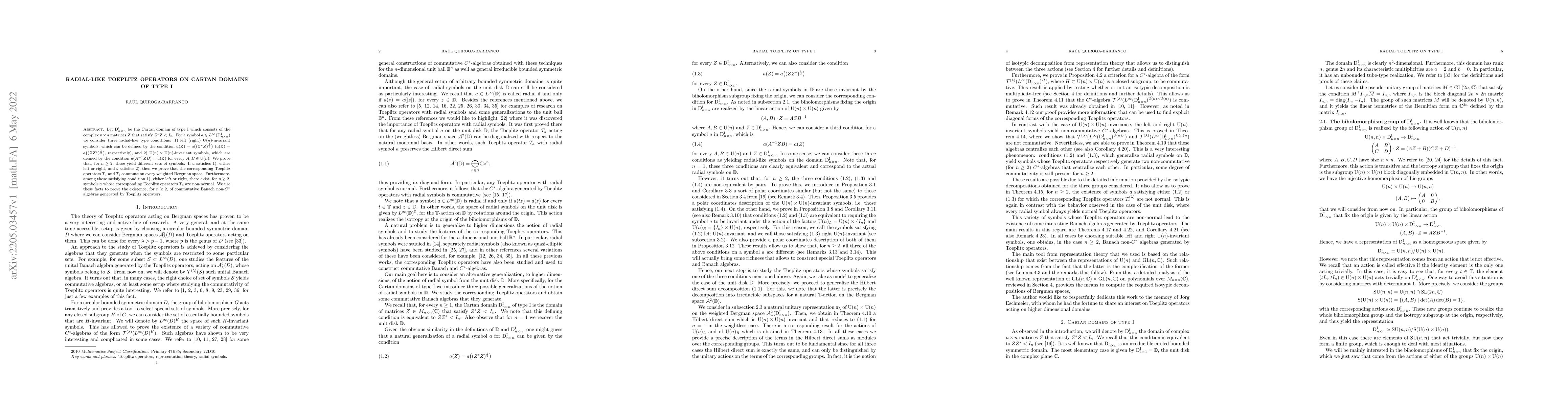 Thumbnail for Radial-like Toeplitz operators on Cartan domains of type I