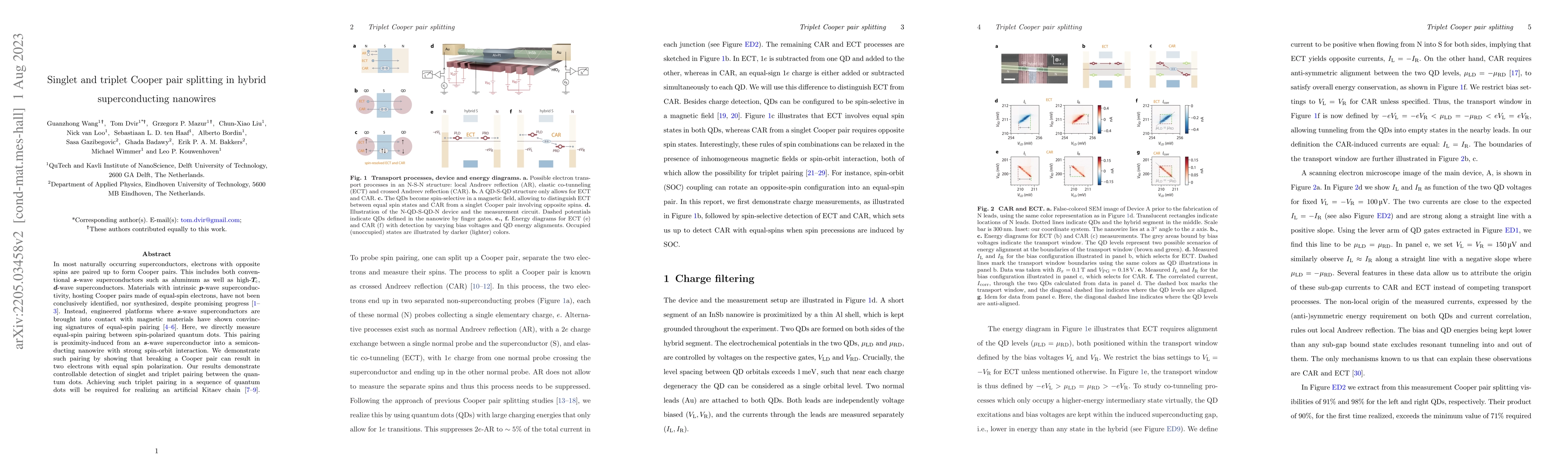 Thumbnail for Singlet and triplet Cooper pair splitting in hybrid superconducting
  nanowires